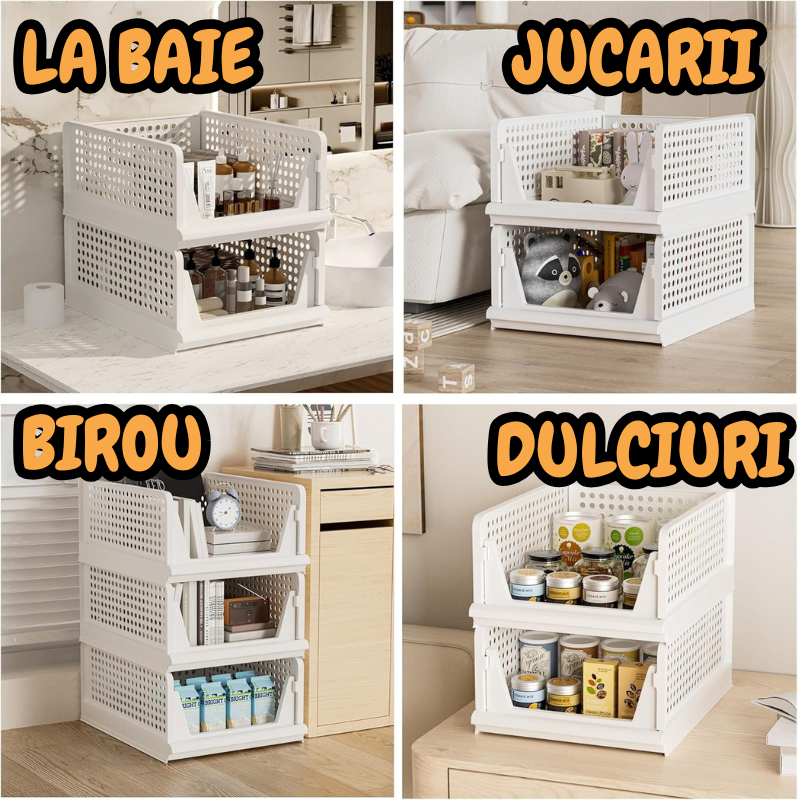 Cutii de Depozitare Jaskus, Set 4, Stivuibile, Sistem Glisare
