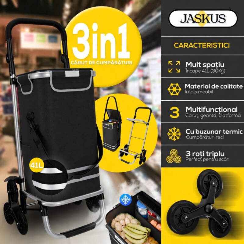 Carucior Compact Jaskus, Cadru Aluminiu, Scari (Trei roti)
