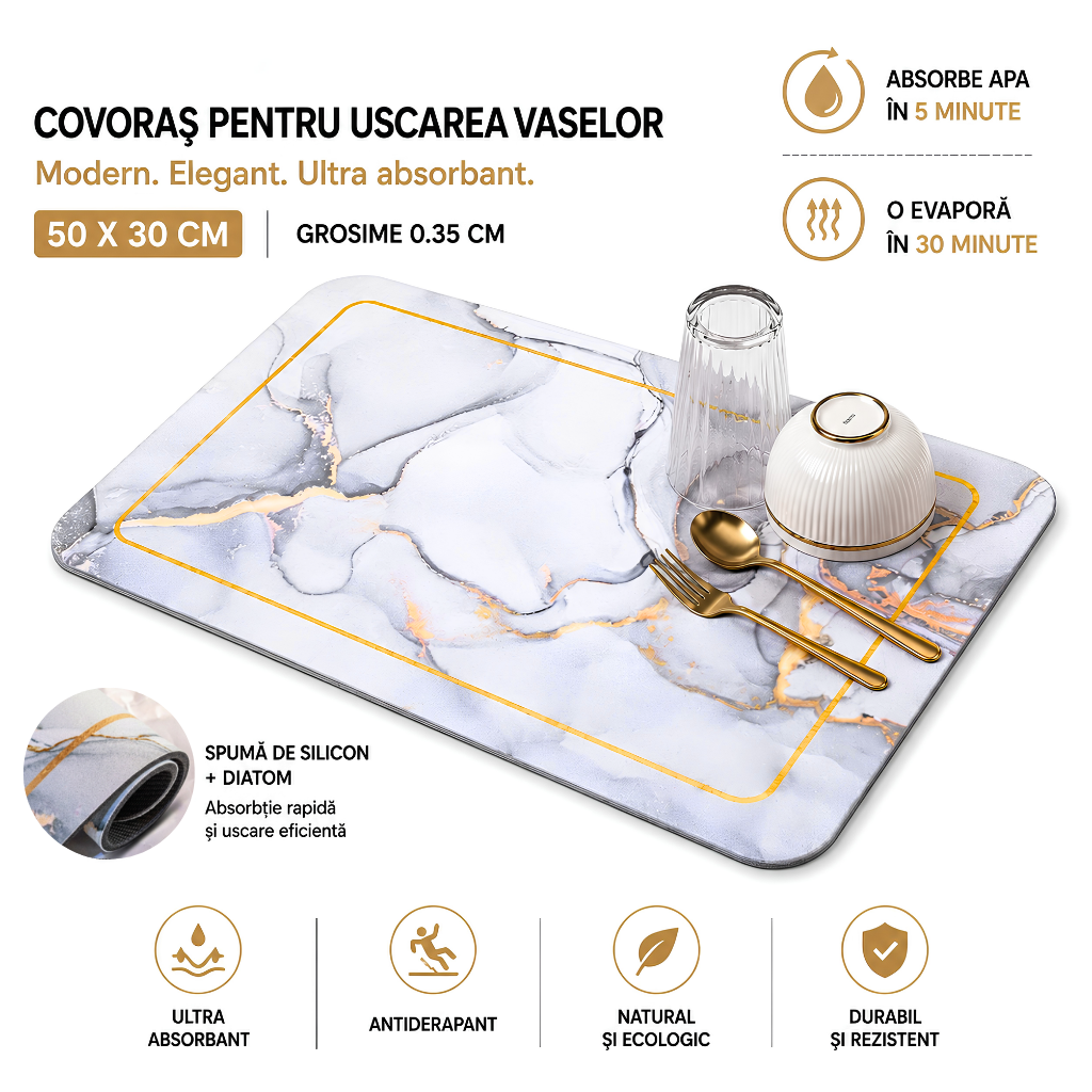 Suport Absorbant pentru Blatul de Bucatarie Jaskus, Diatomit, Marmura, Marmura Alba
