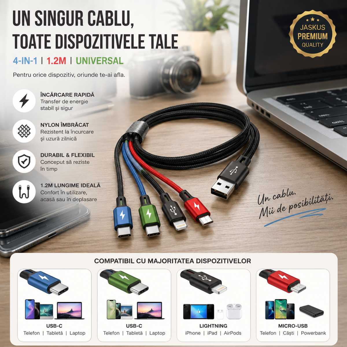 Cablu Universal Jaskus, 4-in-1, USB-C Lightning Micro-USB, 1.2m