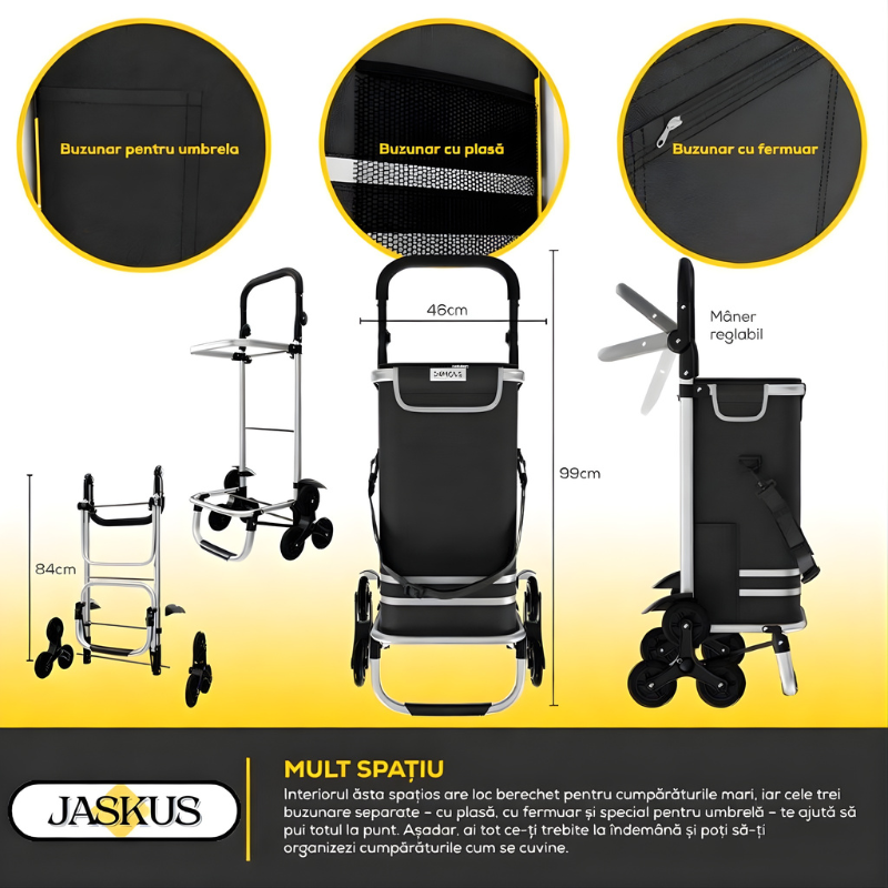 Carucior Compact Jaskus, Cadru Aluminiu, Scari (Trei roti)