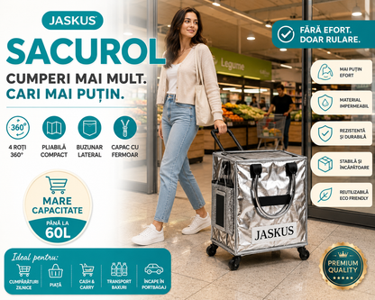 Geantă Premium de Cumpărături cu Roți 360°, Pliabilă, Capac cu Fermoar, Buzunar Lateral, Argintiu