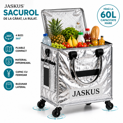 Geantă Premium de Cumpărături cu Roți 360°, Pliabilă, Capac cu Fermoar, Buzunar Lateral, Argintiu