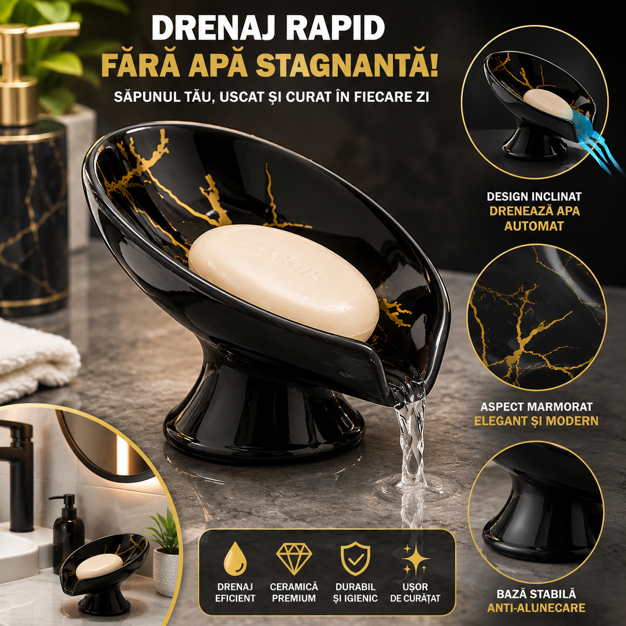 Savoniera Jaskus, Ceramica, Drenaj, Aspect Marmorat, Negru Cu Drenaj