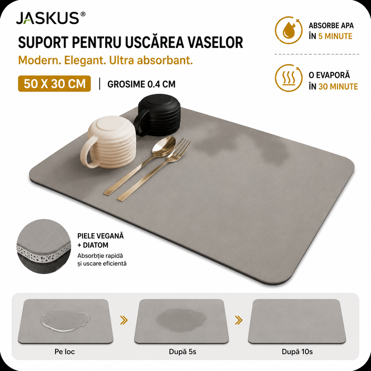 Suport pentru Uscarea Vaselor Jaskus, Diatomit, Ultra Absorbant, Maro