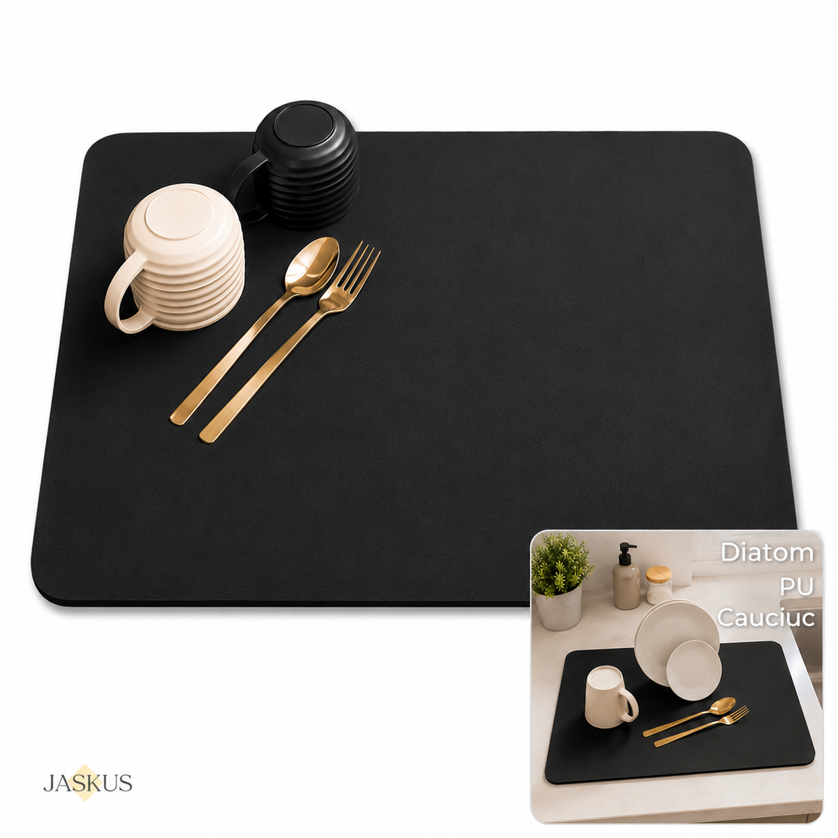 Suport pentru Uscarea Vaselor Jaskus, Diatomit, Ultra Absorbant, Negru