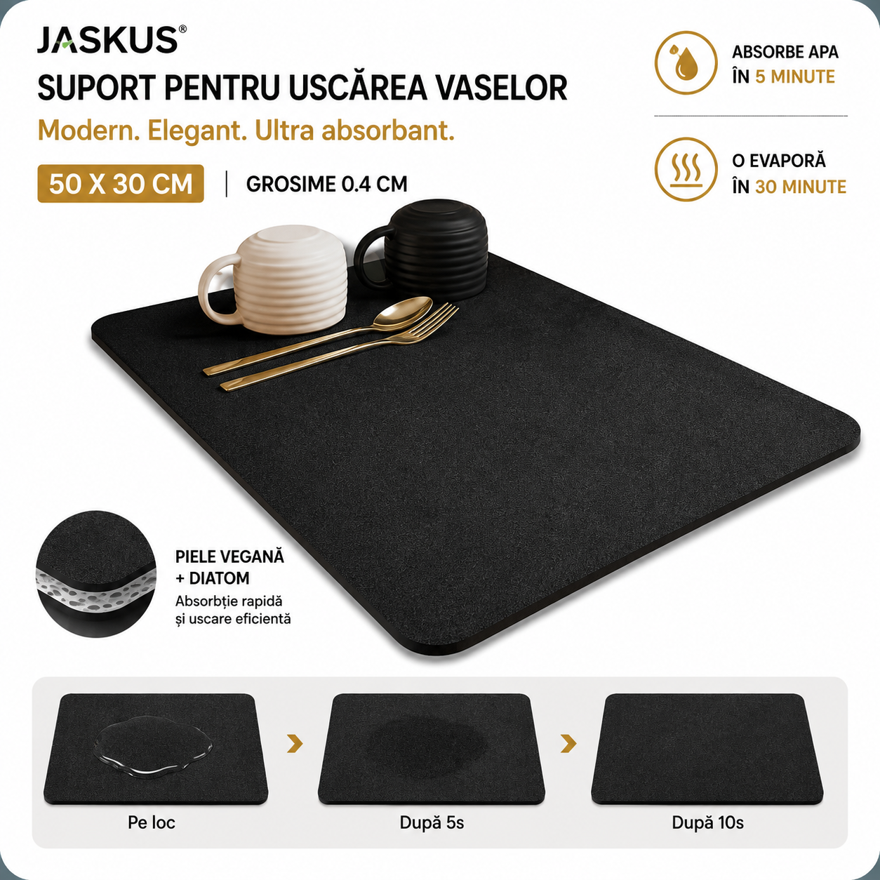 Suport pentru Uscarea Vaselor Jaskus, Diatomit, Ultra Absorbant, Negru