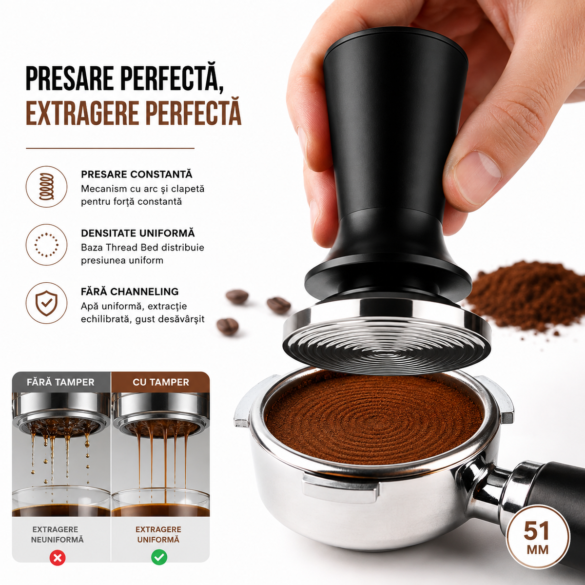 Tamper Cafea Jaskus, Inox, 51mm, Negru