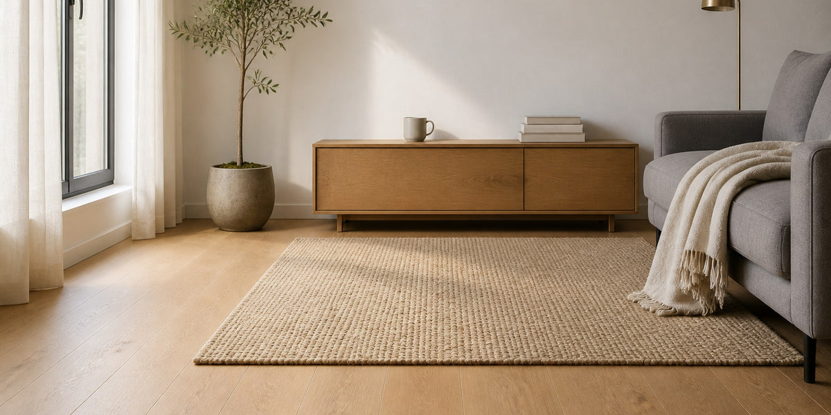 Living luminos cu covor tesut si mobilier de stejar - Jaskus
