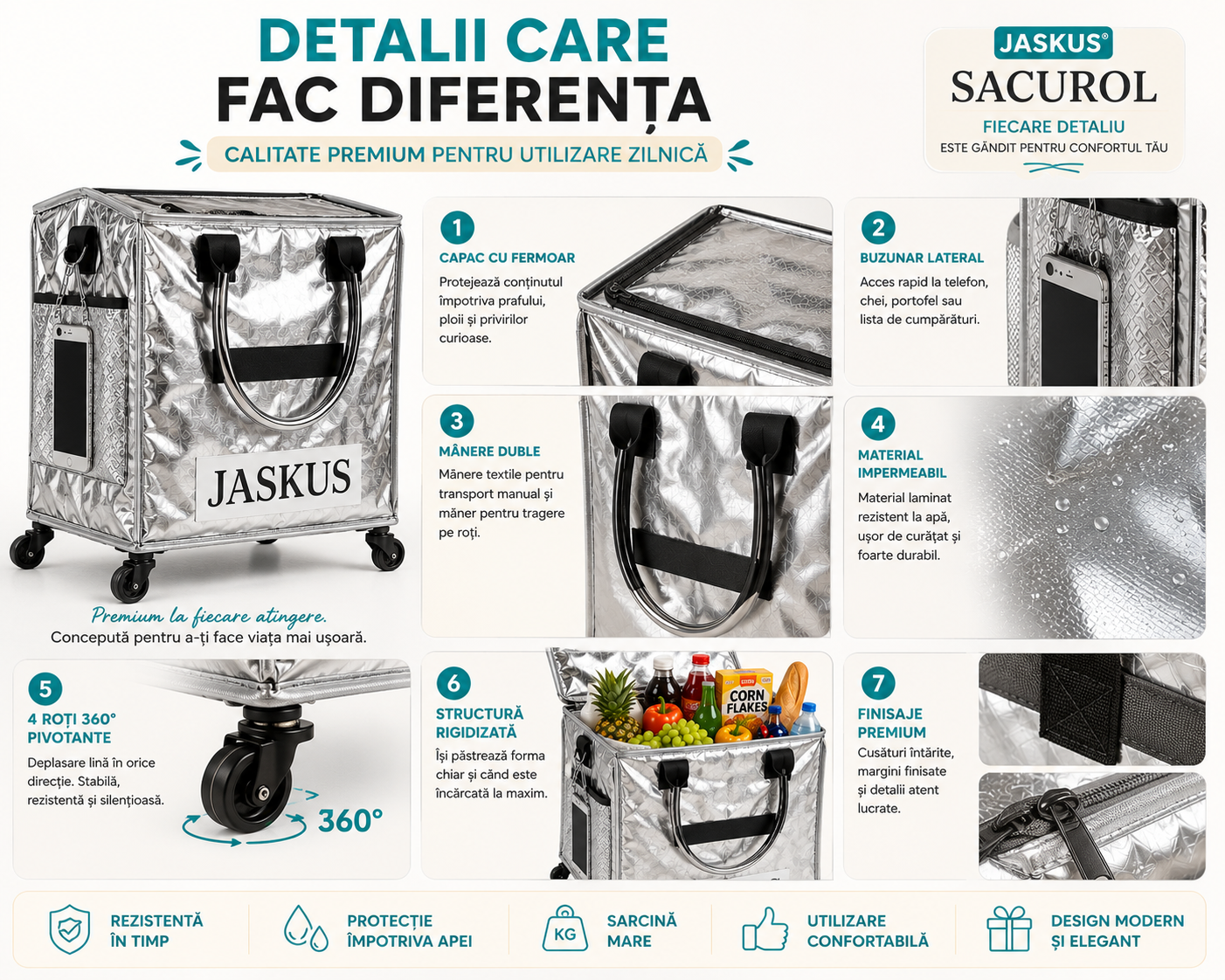 Geantă Premium de Cumpărături cu Roți 360°, Pliabilă, Capac cu Fermoar, Buzunar Lateral, Argintiu