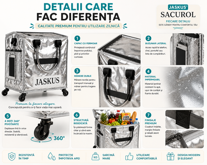 Geantă Premium de Cumpărături cu Roți 360°, Pliabilă, Capac cu Fermoar, Buzunar Lateral, Argintiu