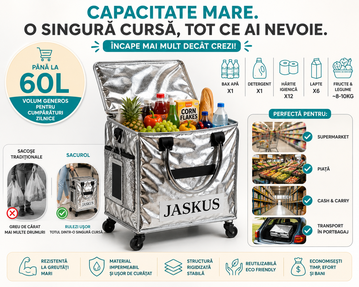 Geantă Premium de Cumpărături cu Roți 360°, Pliabilă, Capac cu Fermoar, Buzunar Lateral, Argintiu