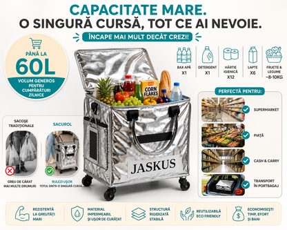 Geantă Premium de Cumpărături cu Roți 360°, Pliabilă, Capac cu Fermoar, Buzunar Lateral, Argintiu