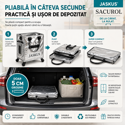 Geantă Premium de Cumpărături cu Roți 360°, Pliabilă, Capac cu Fermoar, Buzunar Lateral, Argintiu